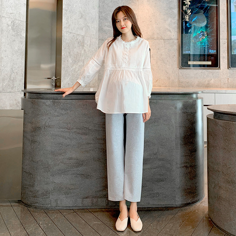 Pregnant women's suit 2022 new Korean fashion loose thin foreign style hot mom cotton shirt casual pants two-piece set