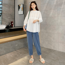Pregnant womens suit summer fashion new Korean loose thin foreign style hot mother shirt shirt casual pants two-piece set