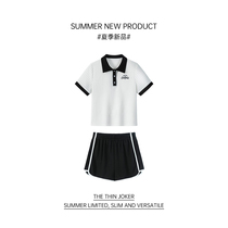 I am your cc a girl ~ casual suit color short sleeve polo shirt casual black shorts