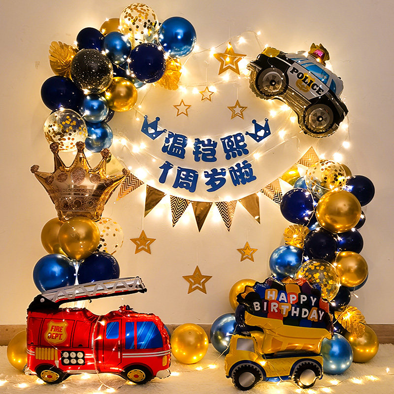 Boy car theme birthday party children 1 year old balloon decoration scene layout baby 7 year old background wall