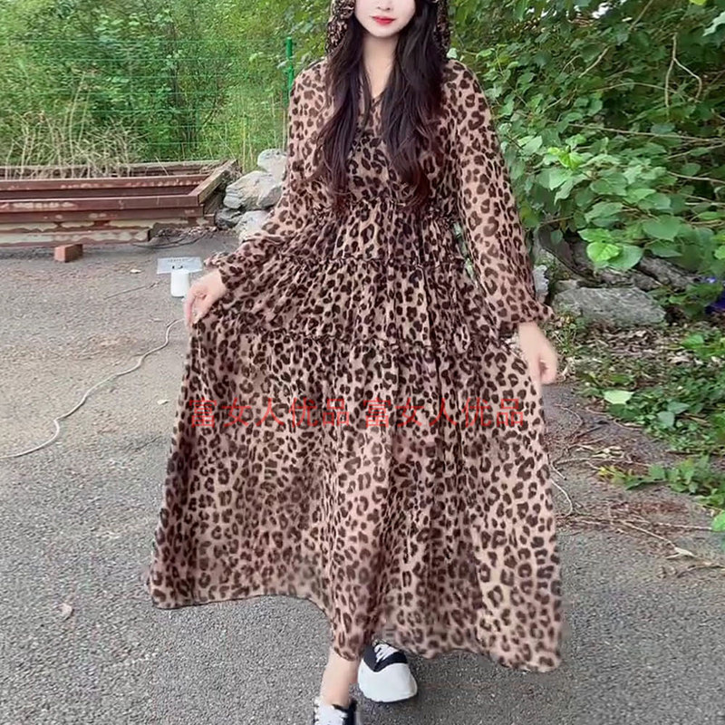 Korean Style High-End Leopard Print Dress for Women 2025 Spring New Retro Age-Reducing Loose Slimming Look Long Skirt Korean Style High-End Leopard Print Dress for Women 2025 Spring New Retro Age-Reducing Loose Slimming Look Long Skirt