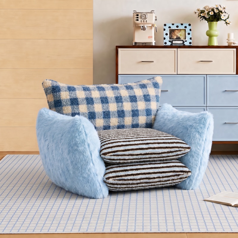 Pansuo | Dopamine Blue Plaid Single Sofa Lazy Sofa Chair with Backrest for Bedroom and Living Room. Pansuo | Dopamine Blue Plaid Single Sofa Lazy Sofa Chair with Backrest for Bedroom and Living Room.