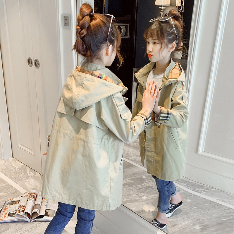 Girls' windbreaker mid-length 2022 autumn clothes new foreign style children's British style tops medium and big children's autumn coat trend