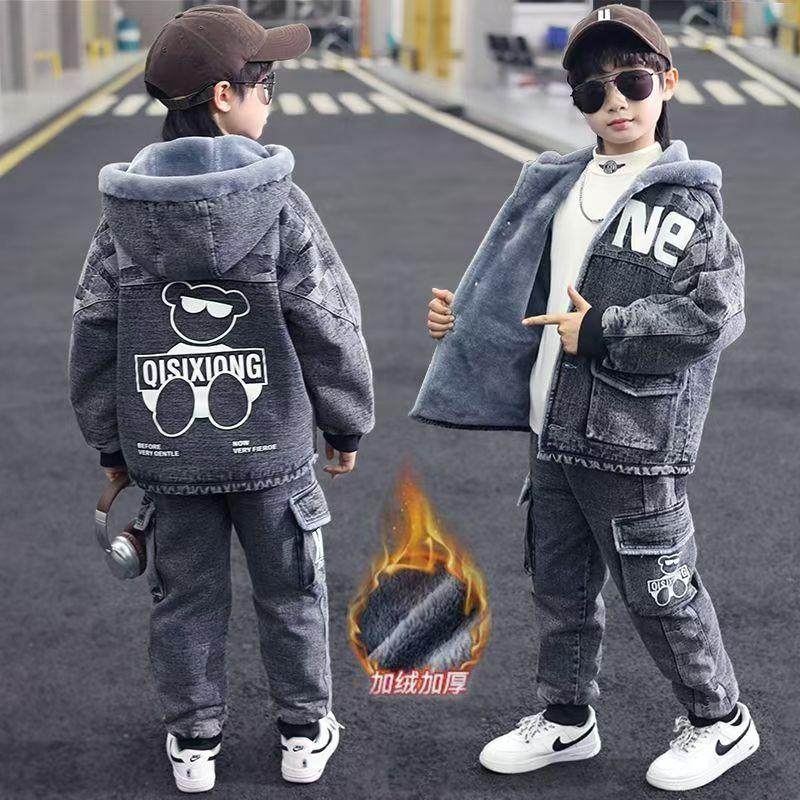 Бархатный костюм для мальчиков плюс размер, зима 2025, новый детский зимний джинсовый костюм-двойка для больших мальчиков и утепленная одежда для мальчиков