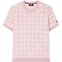 FILA official womens knitted sweater 2024 autumn new fashion casual houndstooth short-sleeved round neck top