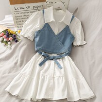 Net red deposit in Korean version polo Polo Collar Bubble Cuff dress with butterfly knot Strap Denim Harness Shirt Dress