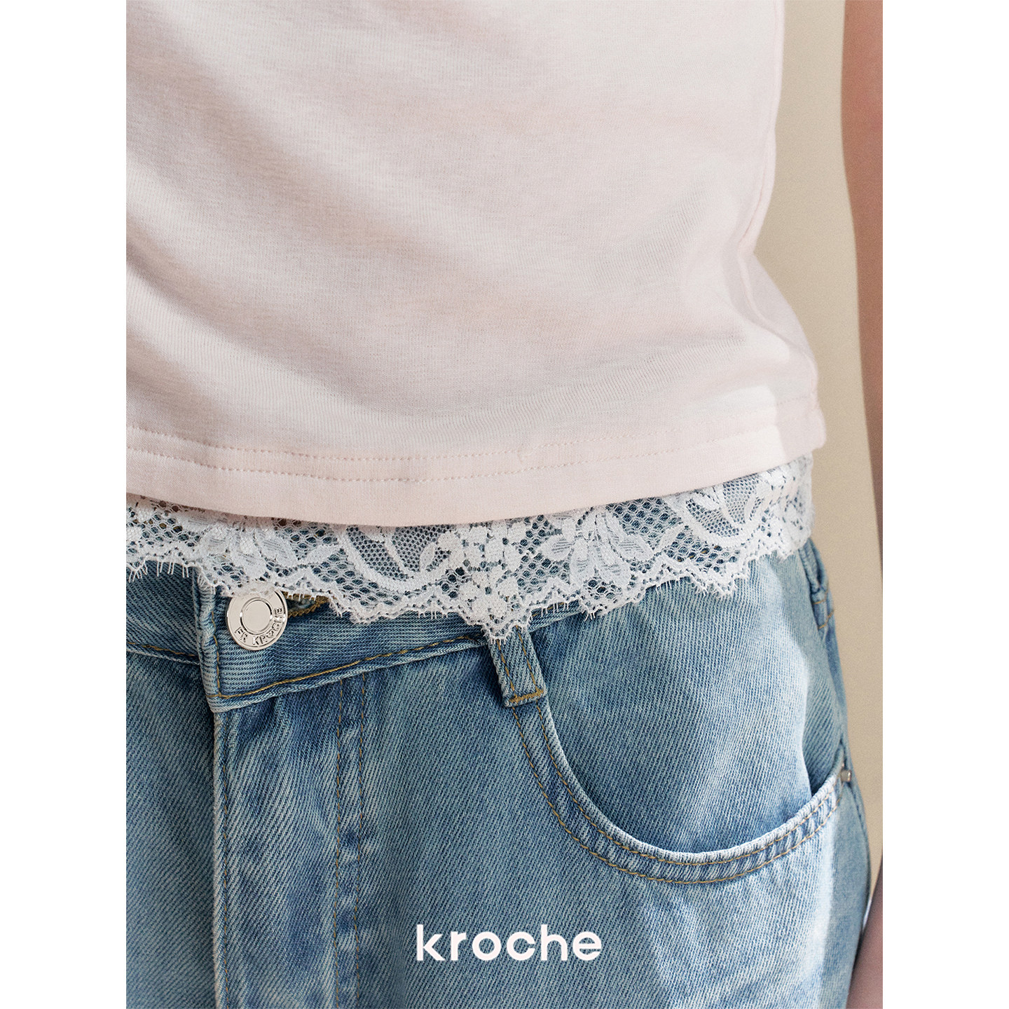 KROCHE レース アシンメトリー 半袖 Tシャツ KEC8063