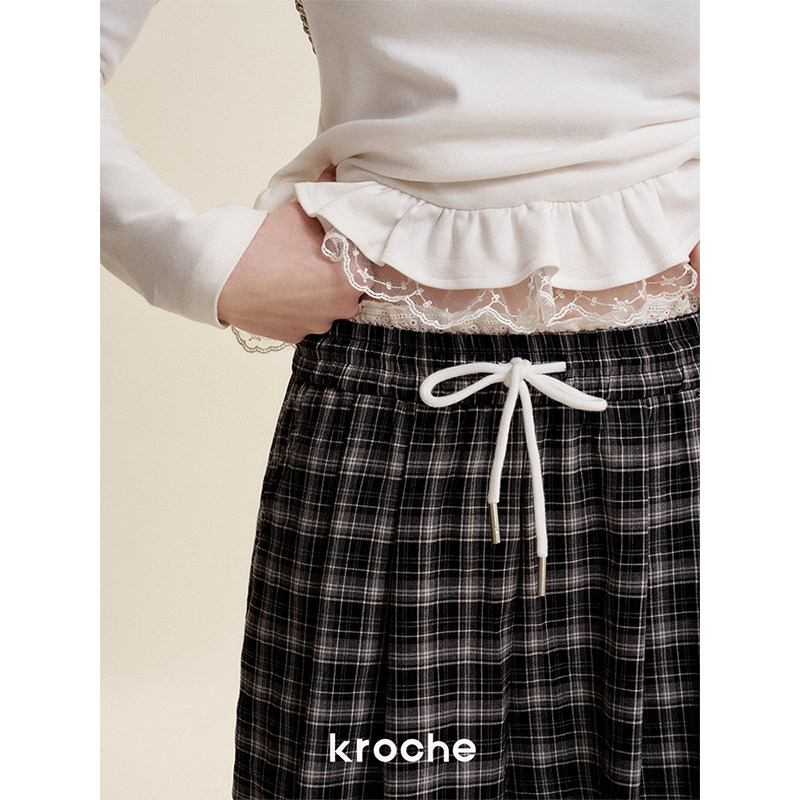 KROCHE レース チェック ワイド ストレート パンツ KB5119