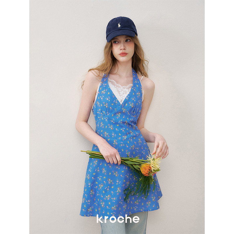 KROCHE Vネック ホルターネック フラワー ワンピース KR2008