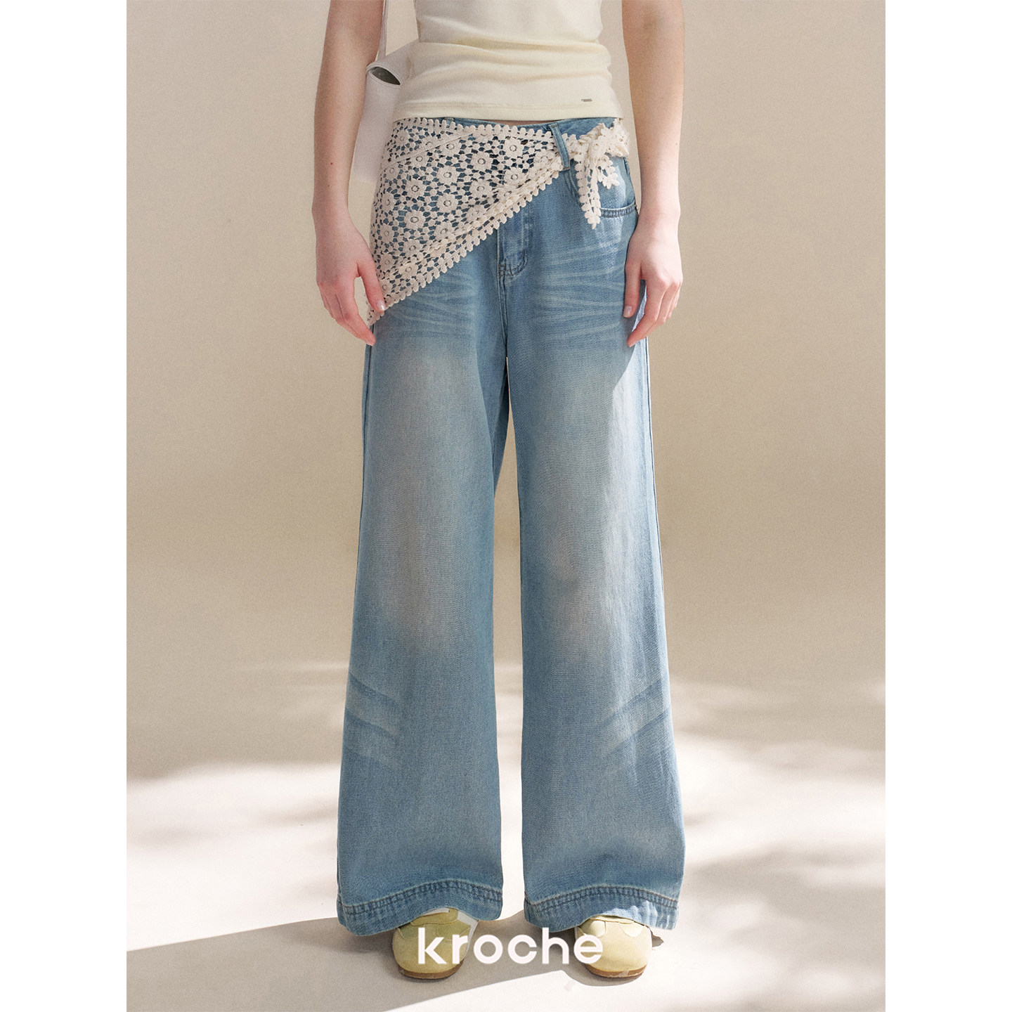 KROCHE レース デニム ハイウエスト ワイド デニムパンツ KN2035