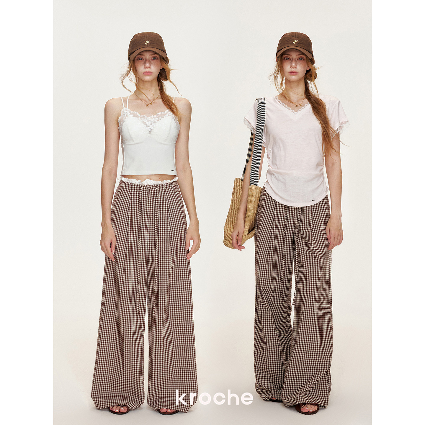 KROCHE レース チェック ハイウエスト ワイド パンツ KL9008