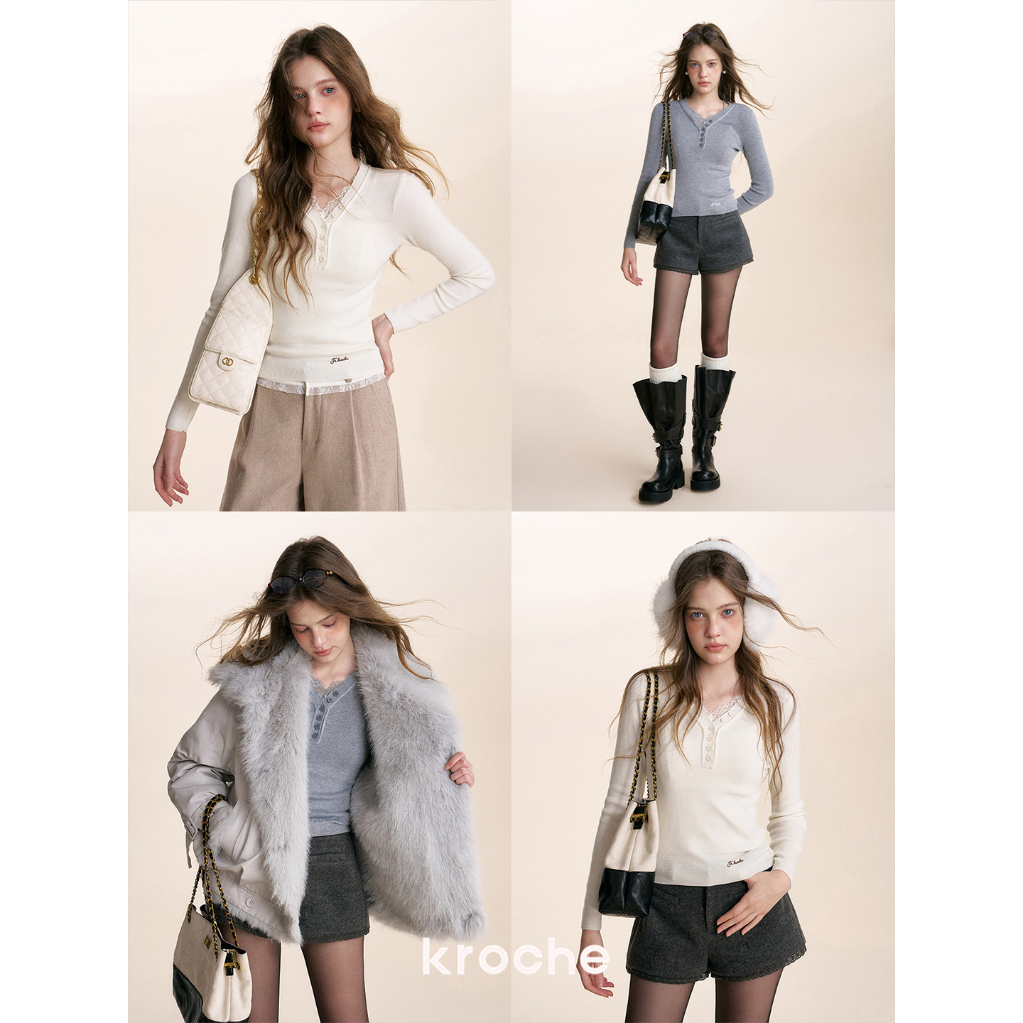 KROCHE レース Vネック 長袖 ニット KE8041