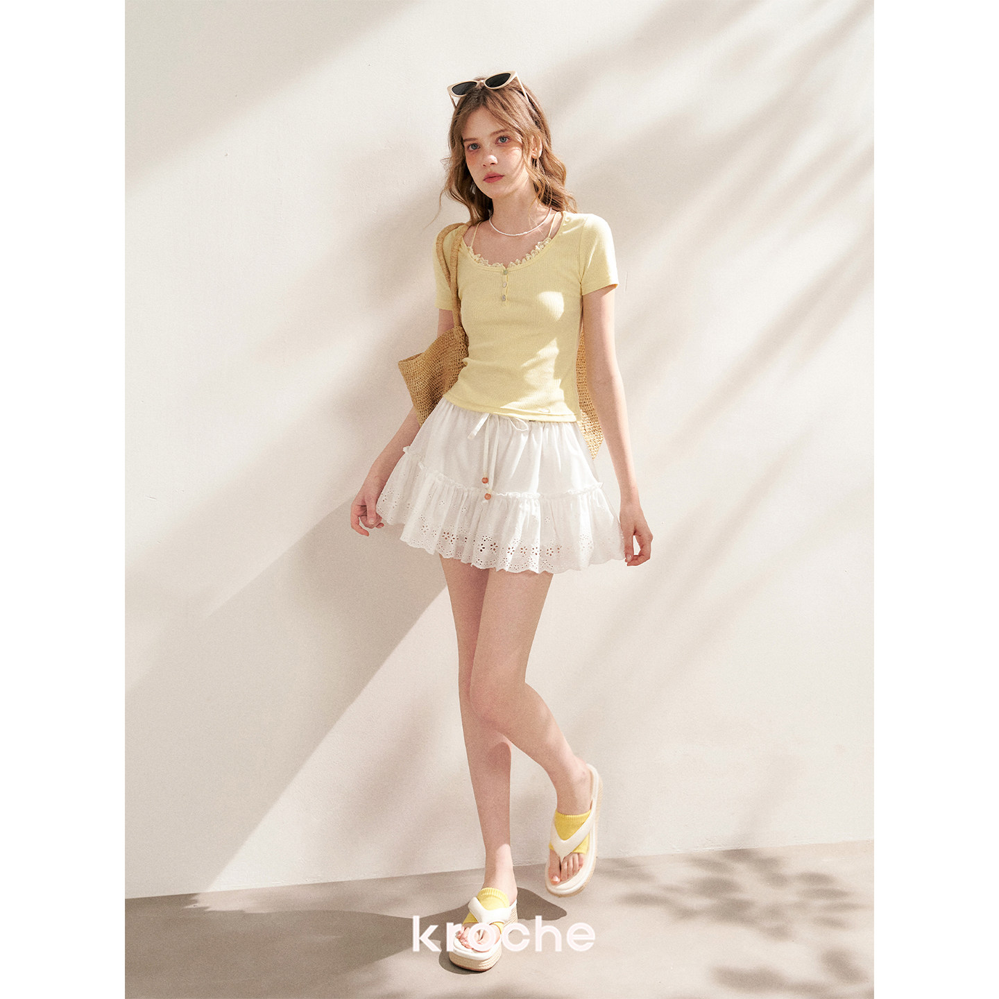 KROCHE レース 重ね着風 半袖 Tシャツ KEC8018