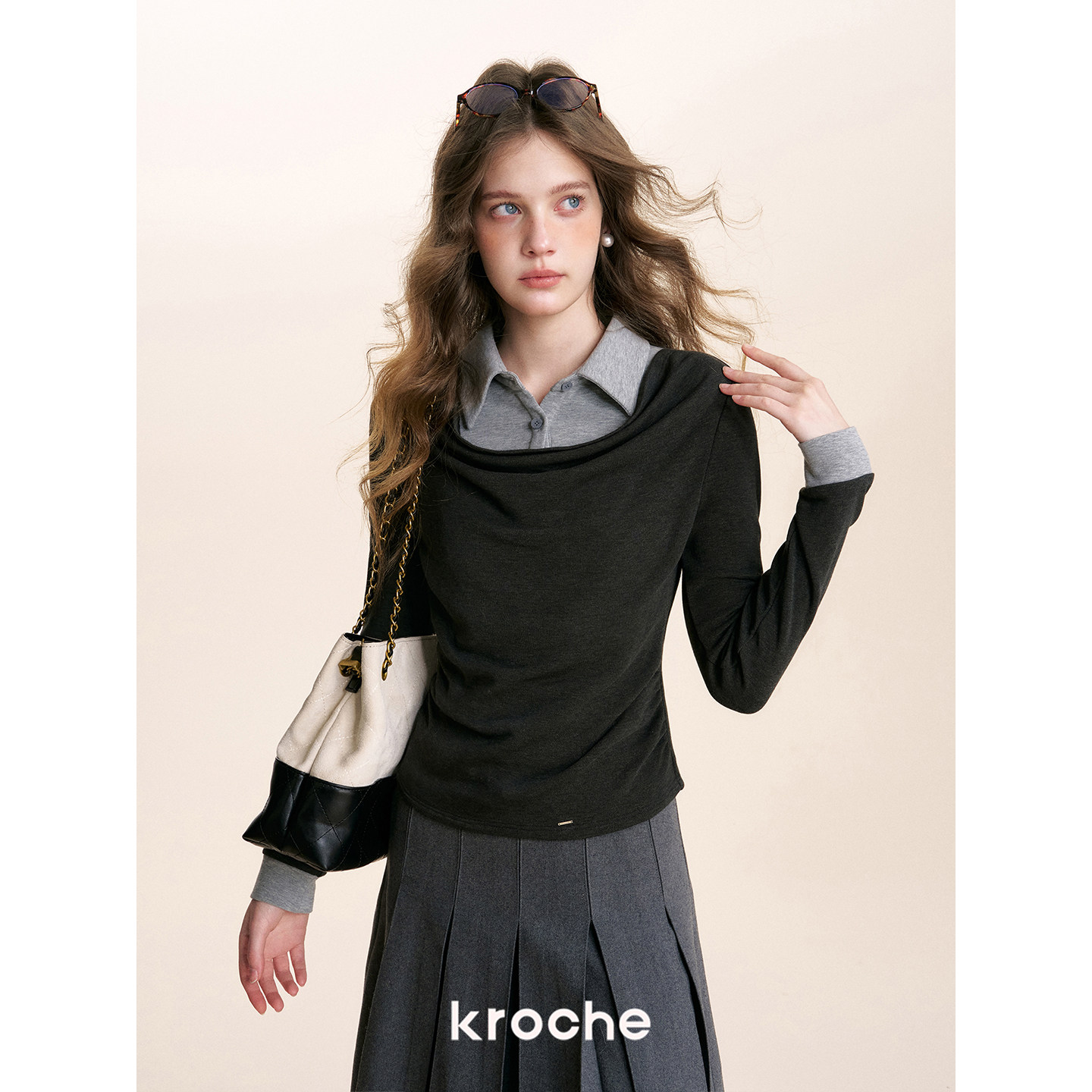 KROCHE 配色 重ね着風 長袖 シャツ・ブラウス KE8042