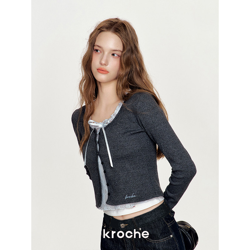 KROCHE レース 配色 透かし編み 重ね着風 ニット KB4416