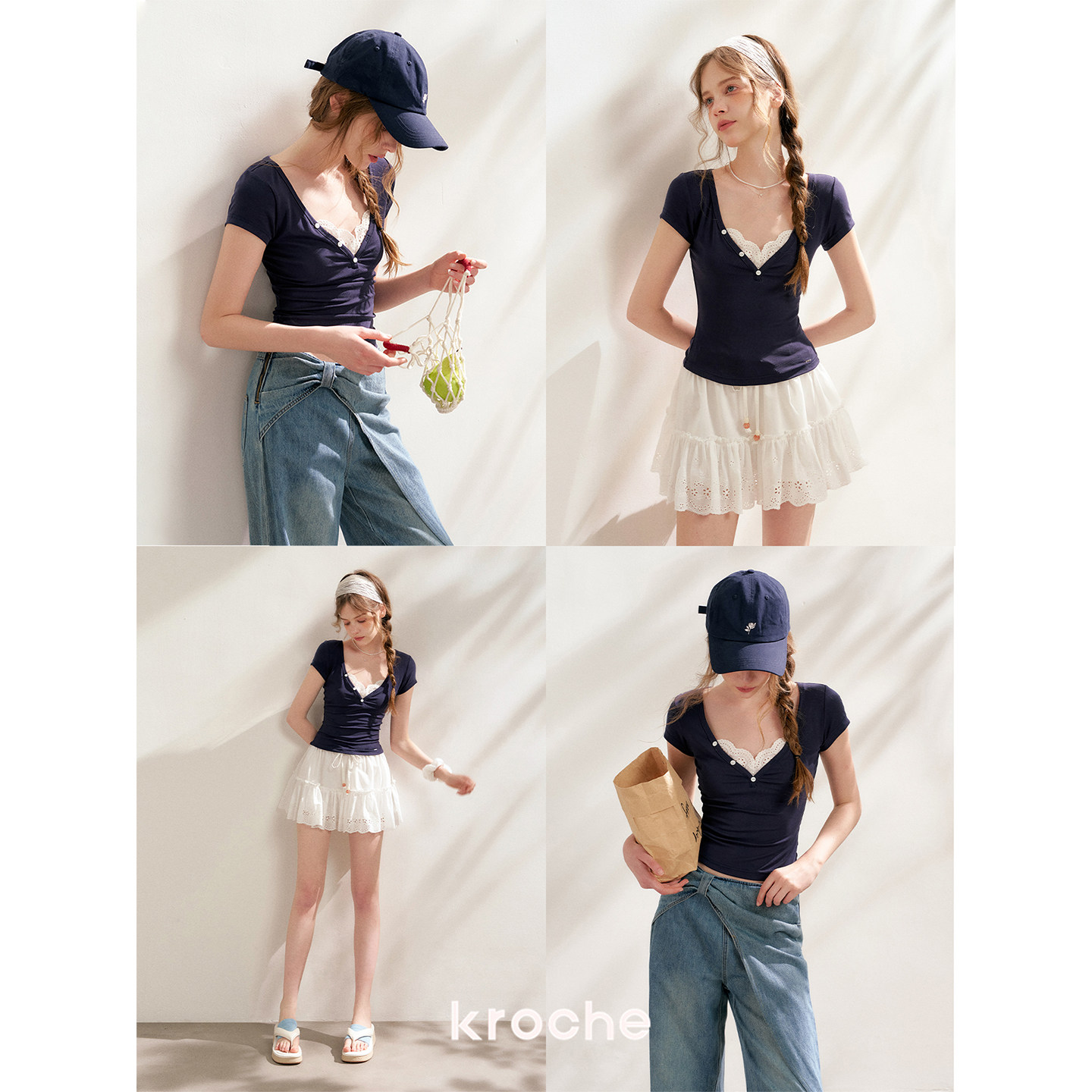 KROCHE レース Vネック 半袖 Tシャツ KEC9016