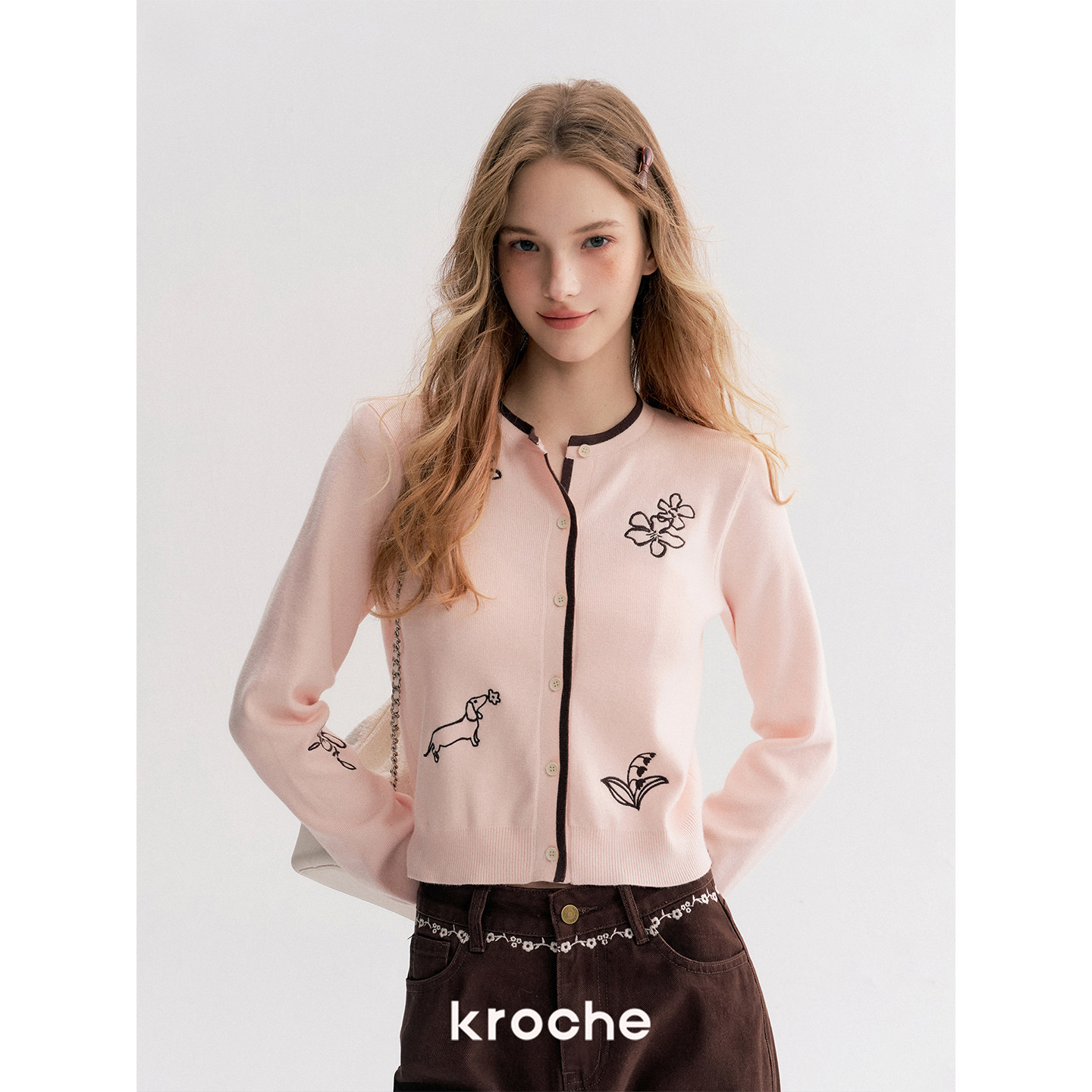 KROCHE 刺繍 配色 重ね着風 長袖 ニット KP8021