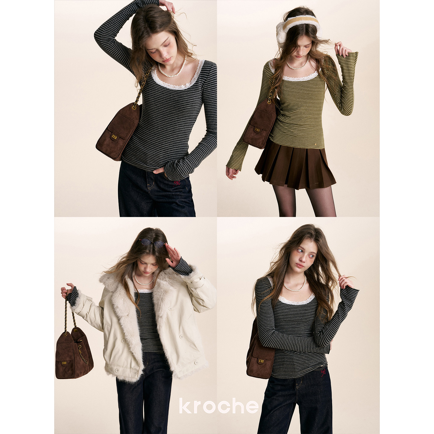 KROCHE レース ストライプ 配色 長袖 Tシャツ KE8040