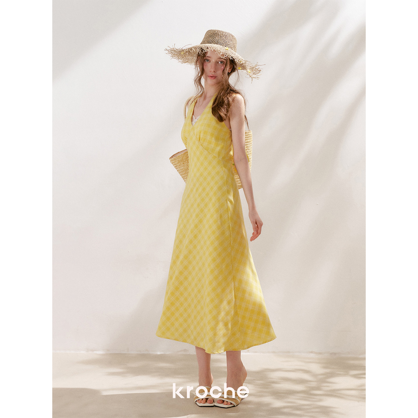 KROCHE リボン Vネック ホルターネック チェック ワンピース KR1091