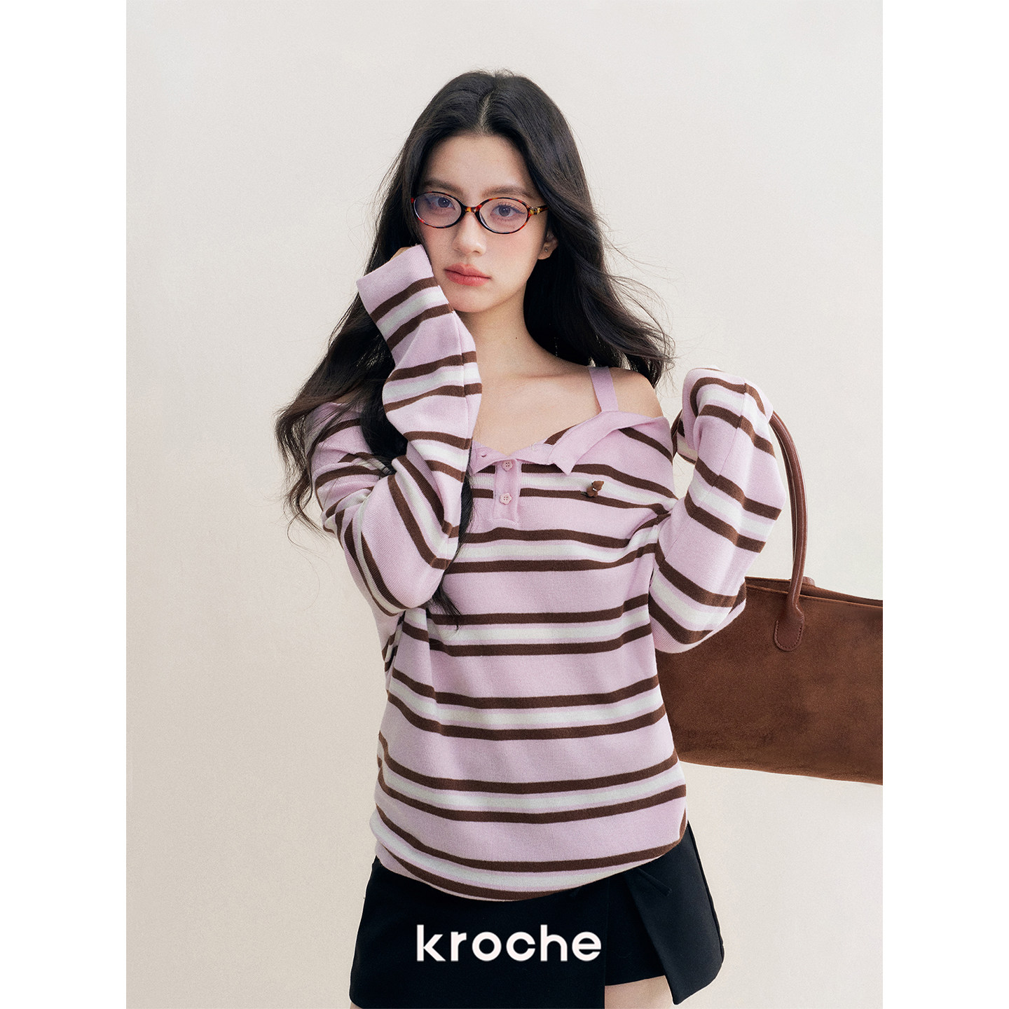 KROCHE オフショルダー ストライプ 配色 長袖 ニット KE6033