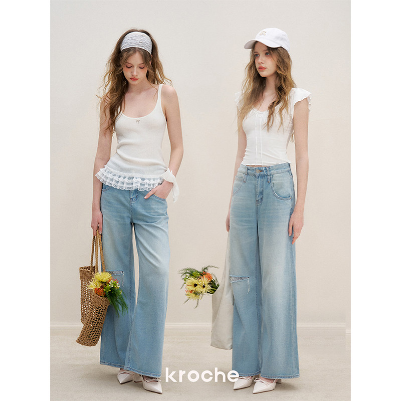 KROCHE レース デニム ハイウエスト ワイド デニムパンツ KN2002