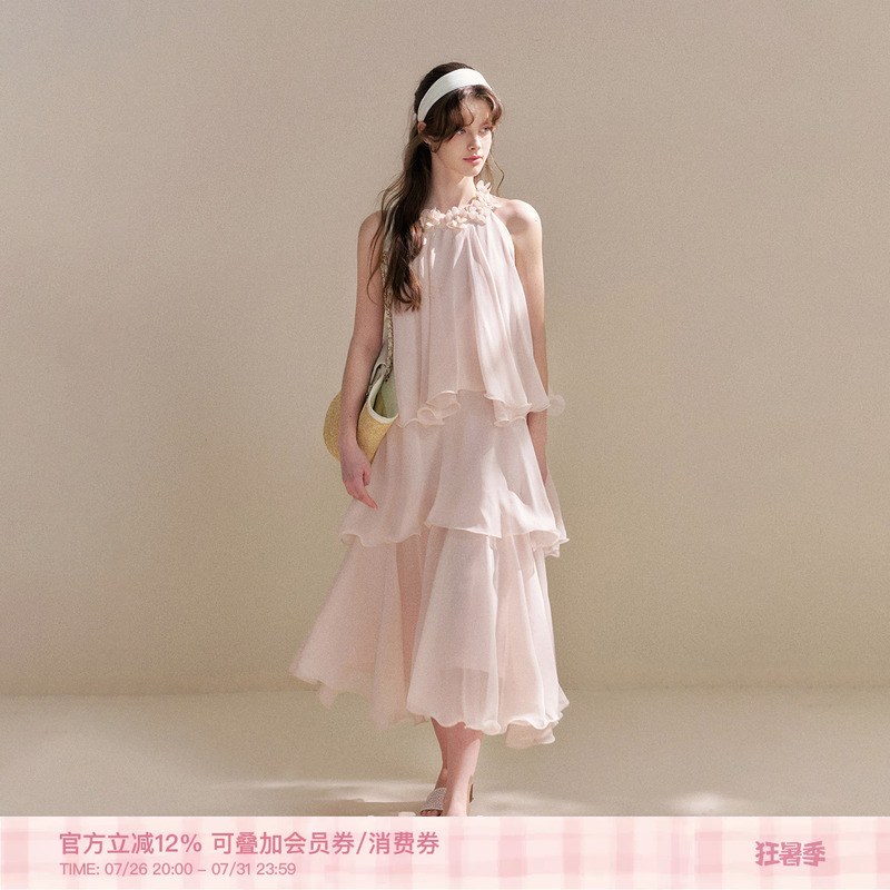Chen Yao's Same Style Kroche "French Three-Layer Tower" Chiffon Three-Dimensional Flower Long Vacation Halter Dress