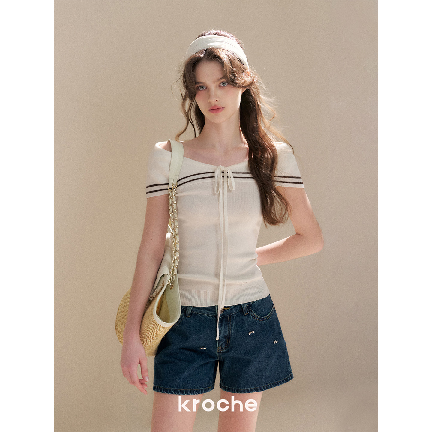 KROCHE リボン デニム ハイウエスト デニムパンツ KNC2034
