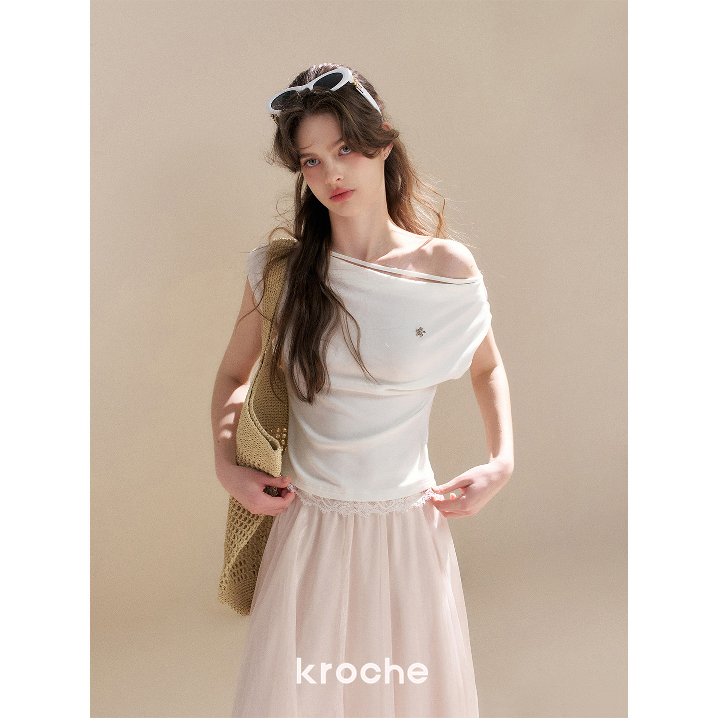 KROCHE レース アシンメトリー 半袖 Tシャツ KEC8063