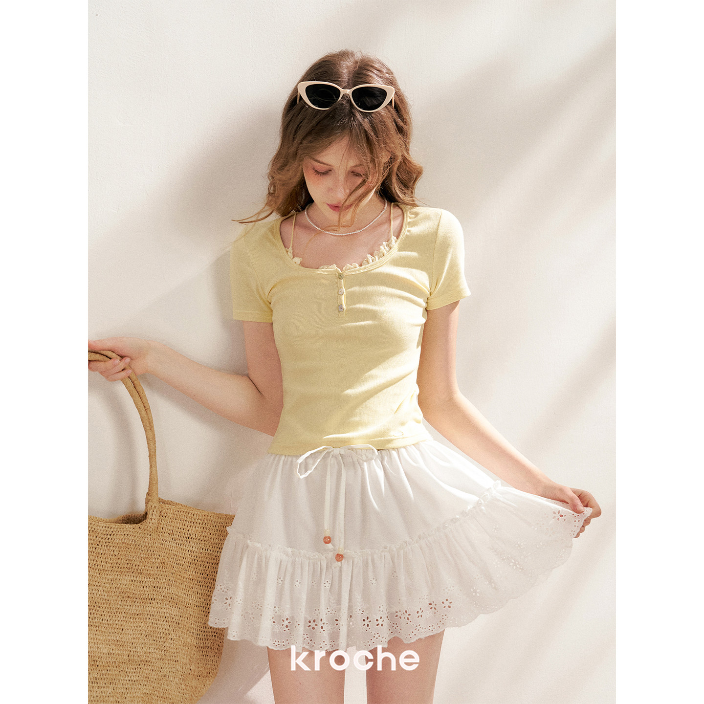 KROCHE レース 重ね着風 半袖 Tシャツ KEC8018