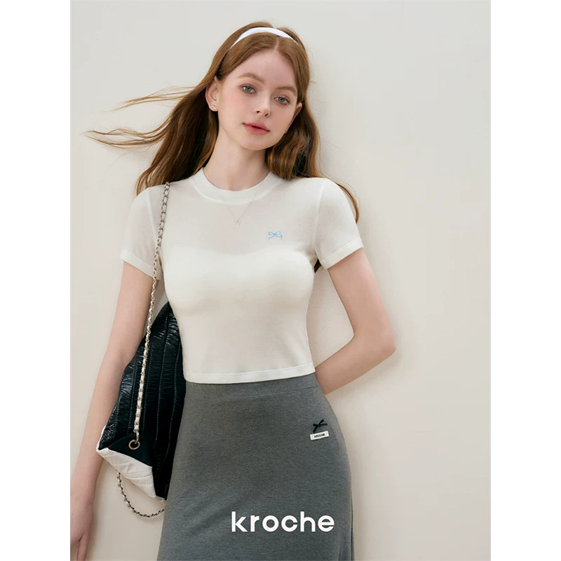 Кроше Woolen футболка с коротким рукавом, с бантом, круглый воротник, с вышивкой, slim fit