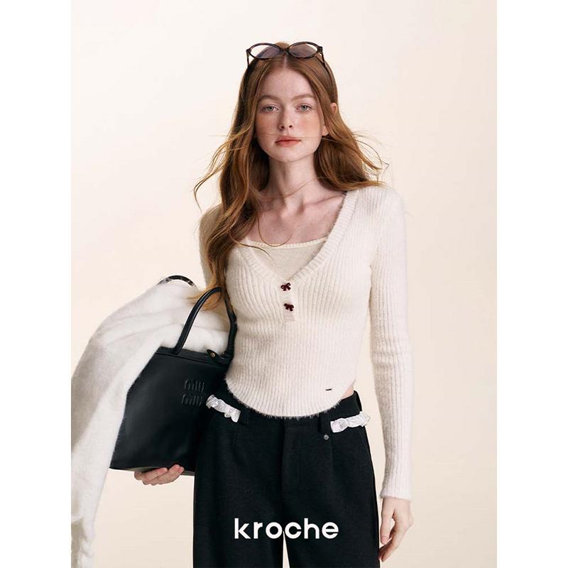 KROCHE レース 配色 ハイウエスト ストレート パンツ KB4543