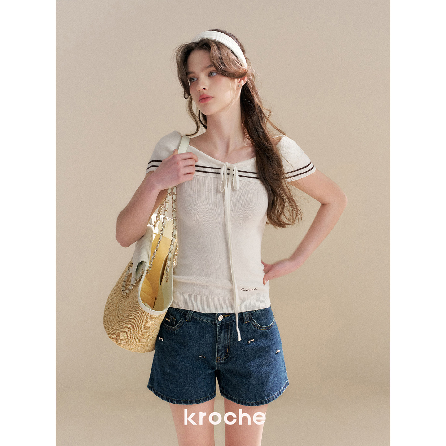 KROCHE リボン デニム ハイウエスト デニムパンツ KNC2034