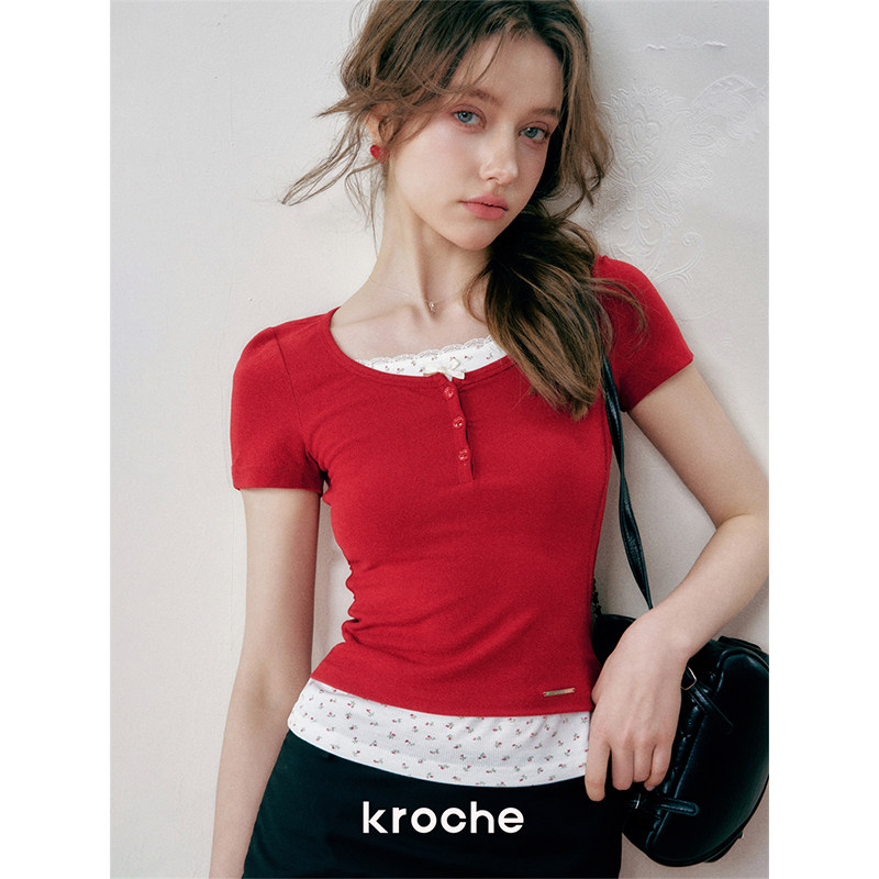 KROCHE レース 重ね着風 半袖 Tシャツ KB4142