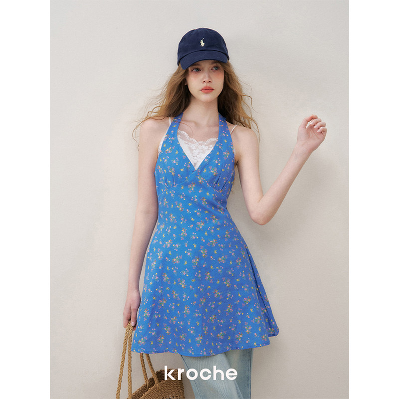 KROCHE Vネック ホルターネック フラワー ワンピース KR2008