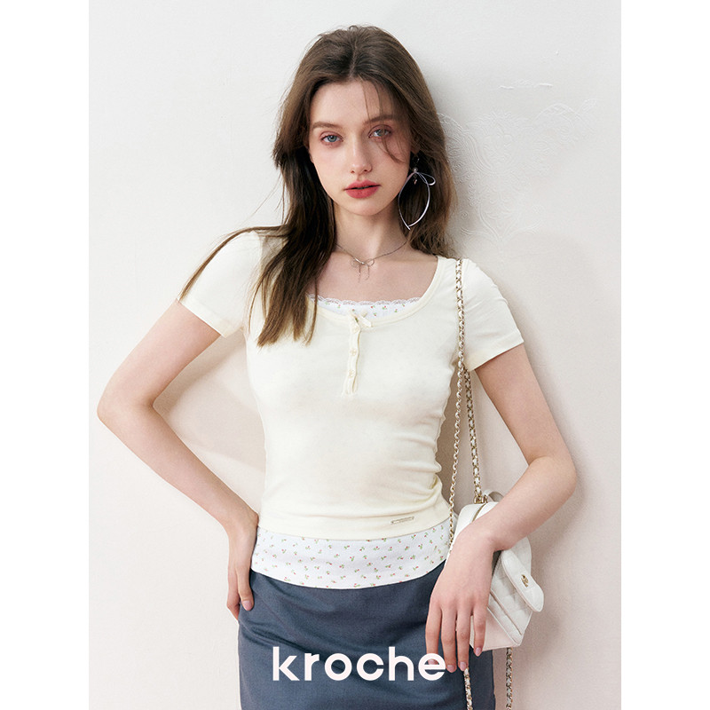KROCHE レース 重ね着風 半袖 Tシャツ KB4142