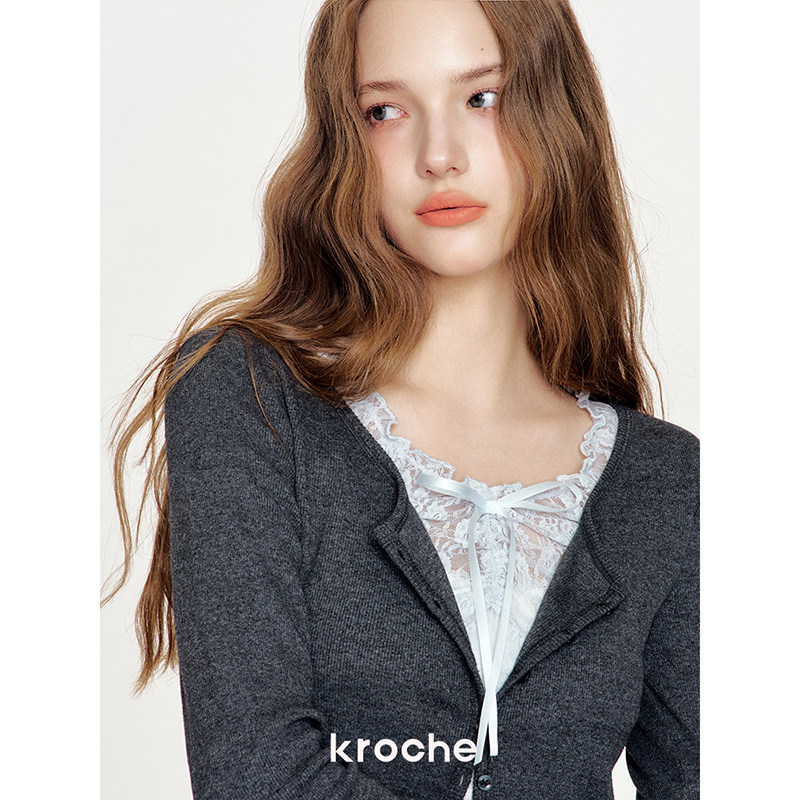 KROCHE レース 配色 透かし編み 重ね着風 ニット KB4416