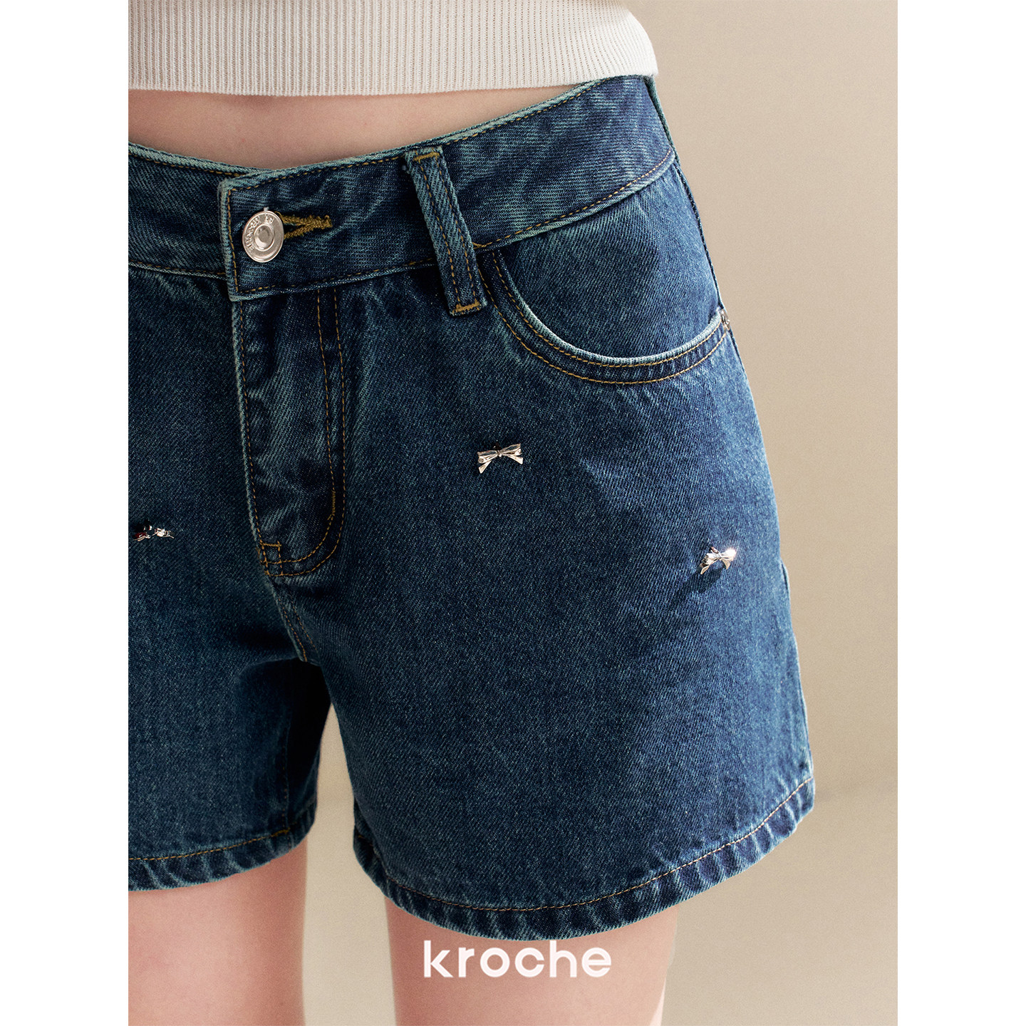 KROCHE リボン デニム ハイウエスト デニムパンツ KNC2034