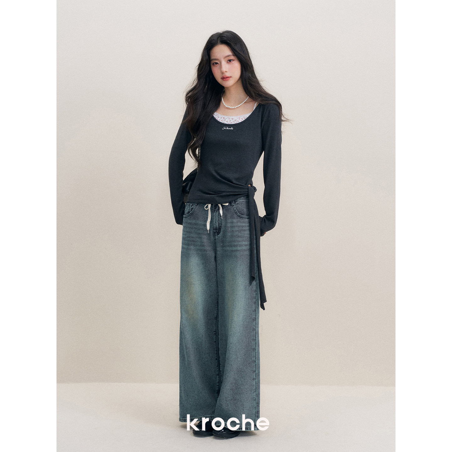 KROCHE 配色 デニム ワイド デニムパンツ KN2017