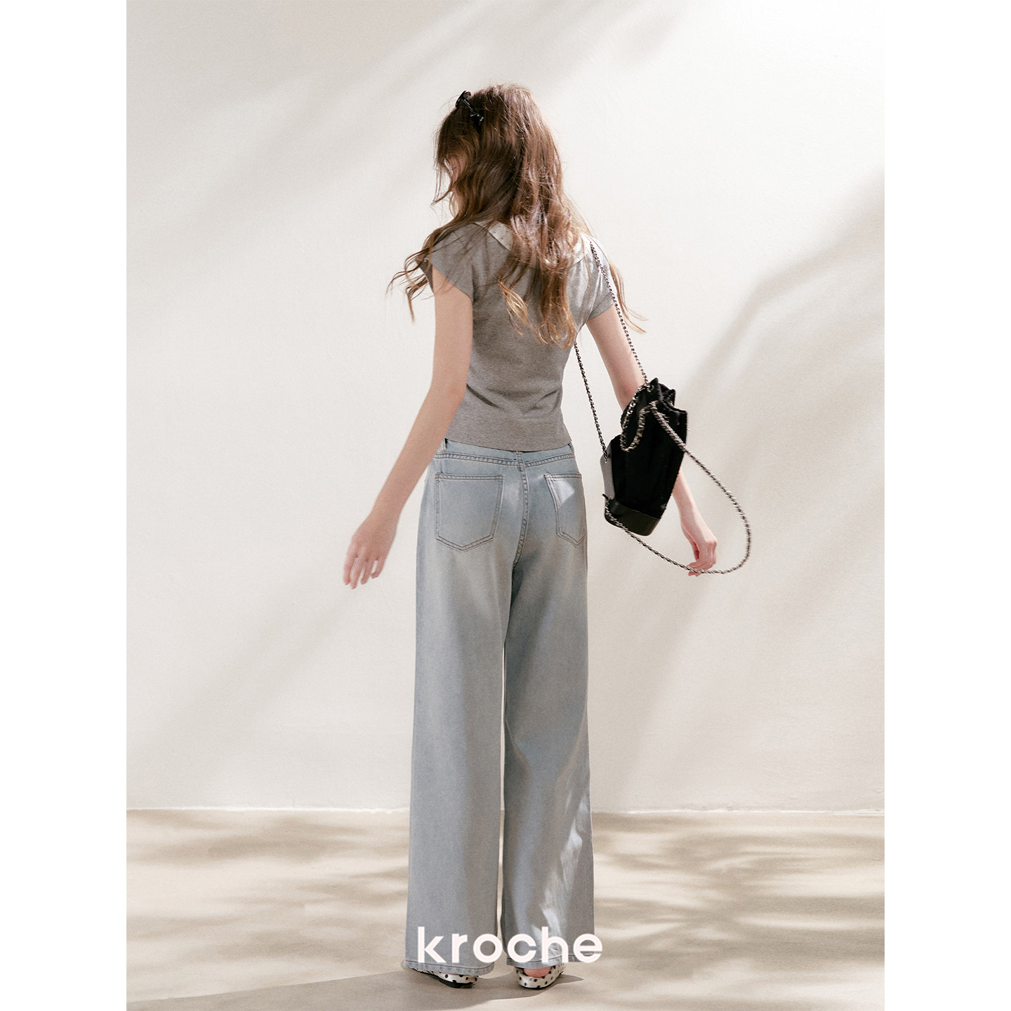 KROCHE ドット デニム ハイウエスト ワイド デニムパンツ KN2044