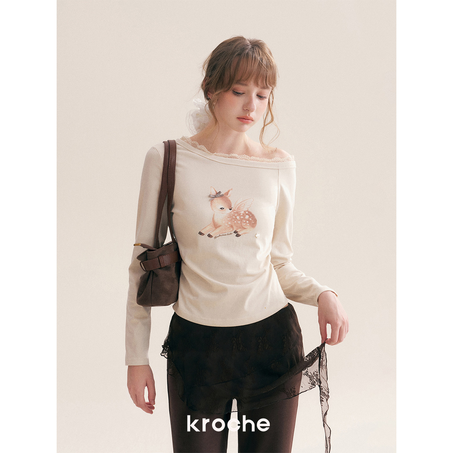 KROCHE レース アシンメトリー プリント 長袖 Tシャツ KE3096