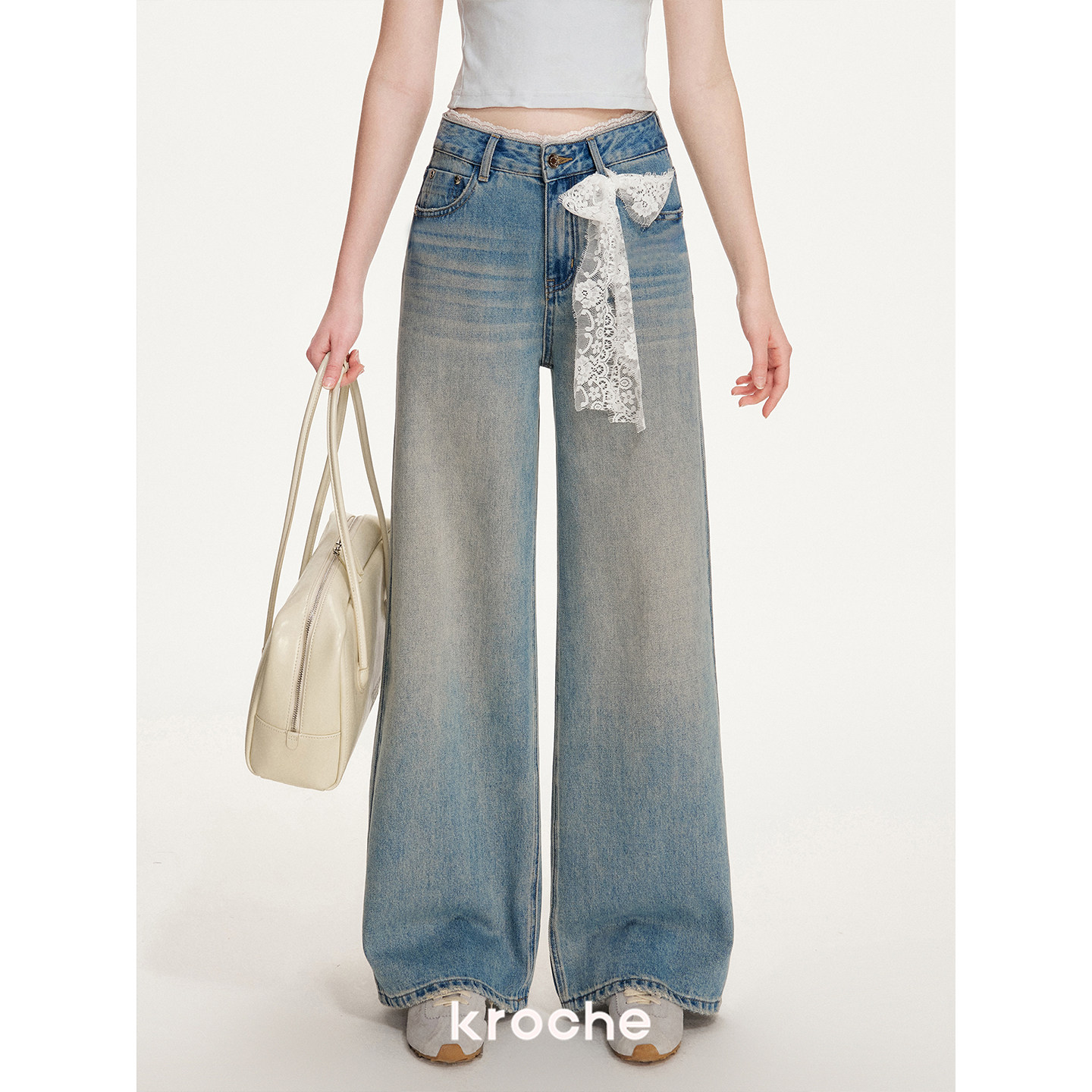 KROCHE レース デニム ワイド ストレート デニムパンツ KN2025