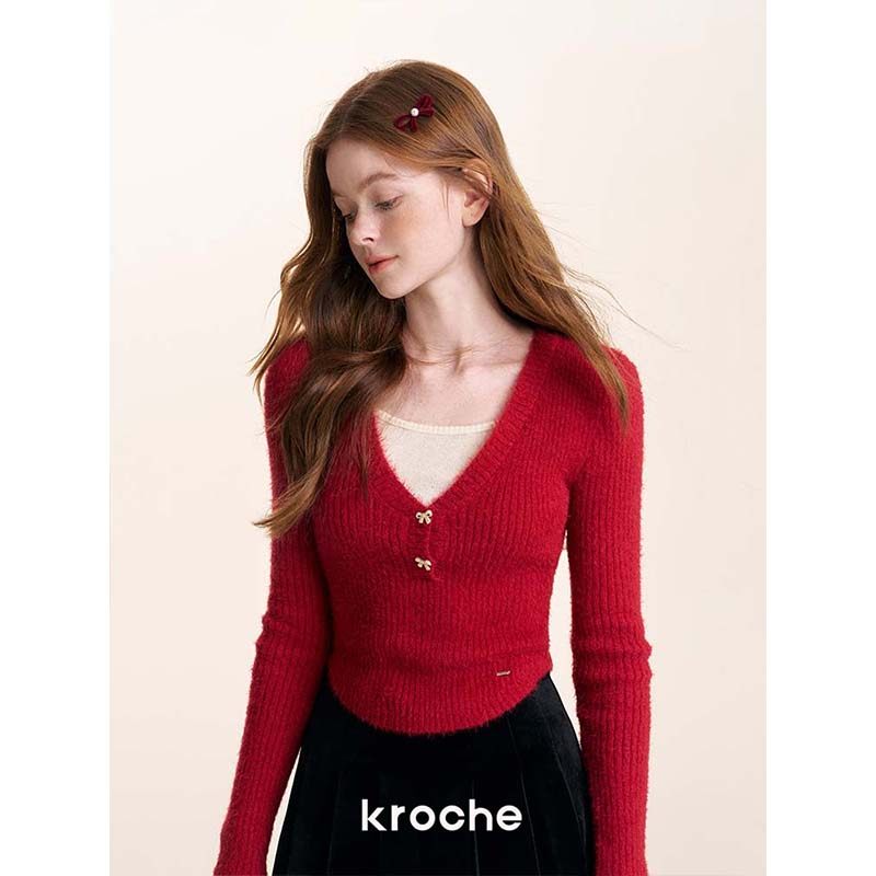 KROCHE リボン Vネック 重ね着風 ニット KB4589