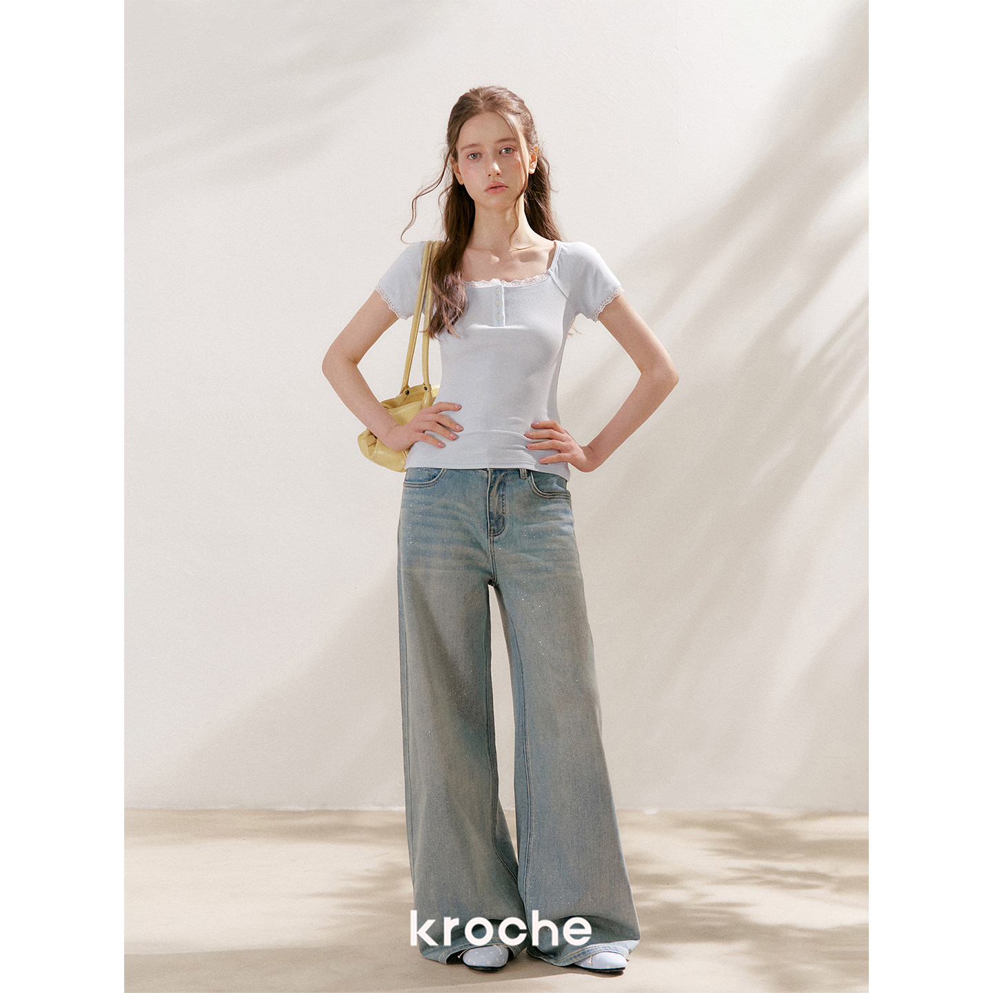 KROCHE レース スクエアネック 半袖 Tシャツ KEC2066