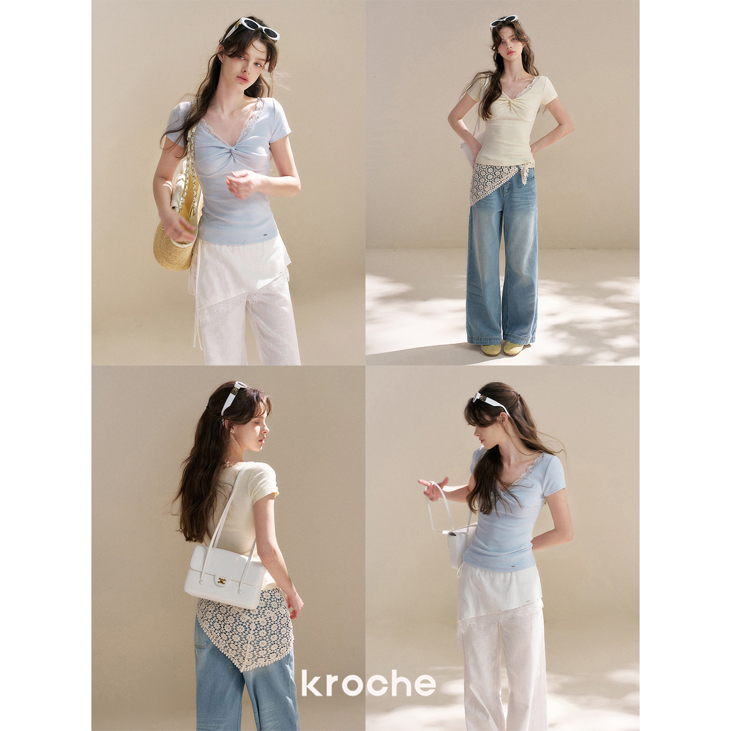 KROCHE レース Vネック 半袖 Tシャツ KEC8064