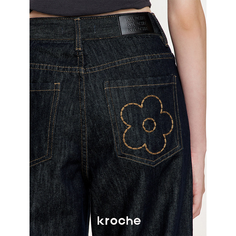 KROCHE 刺繍 デニム ハイウエスト ストレート デニムパンツ KB4438