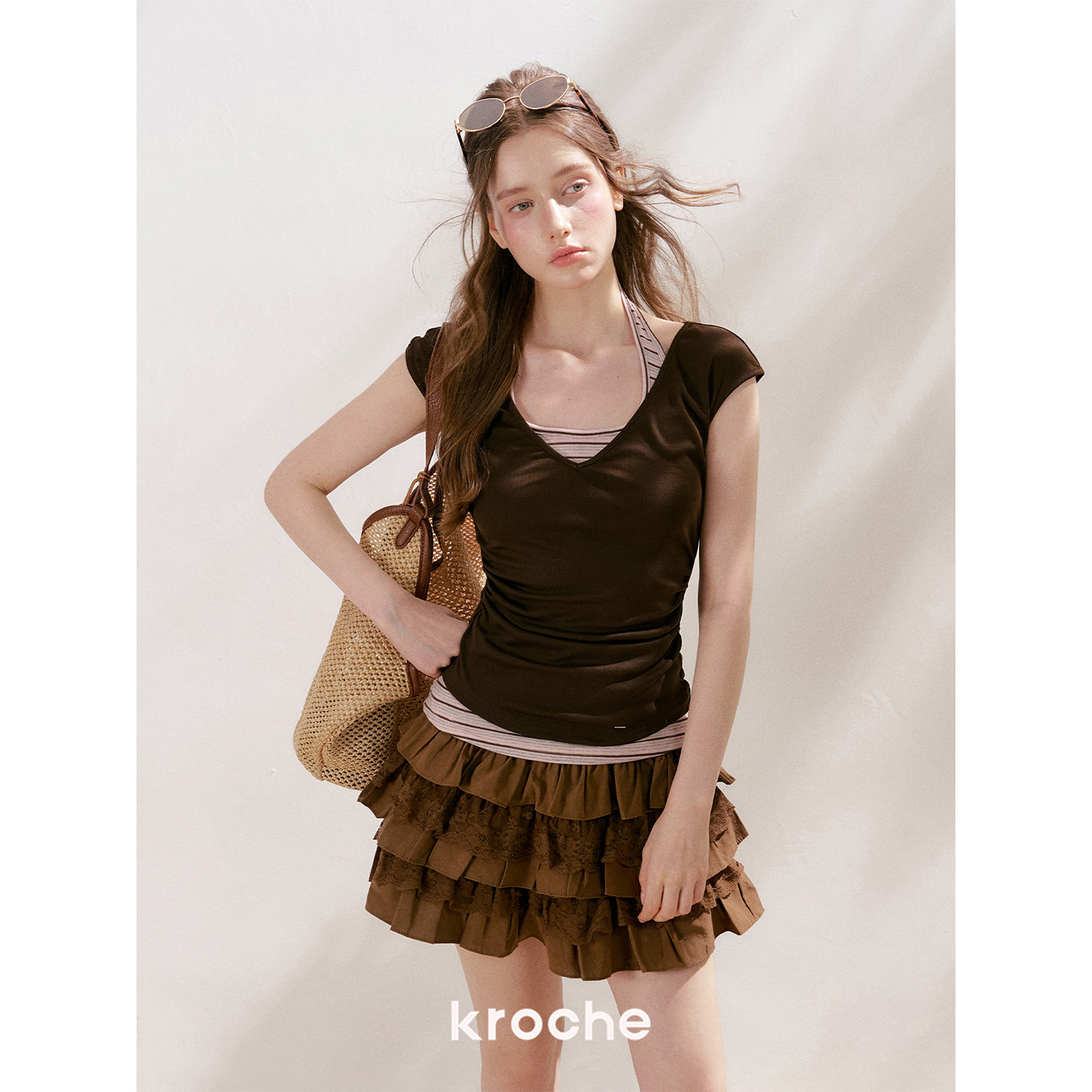 KROCHE ホルターネック ストライプ 配色 半袖 Tシャツ KEC8068