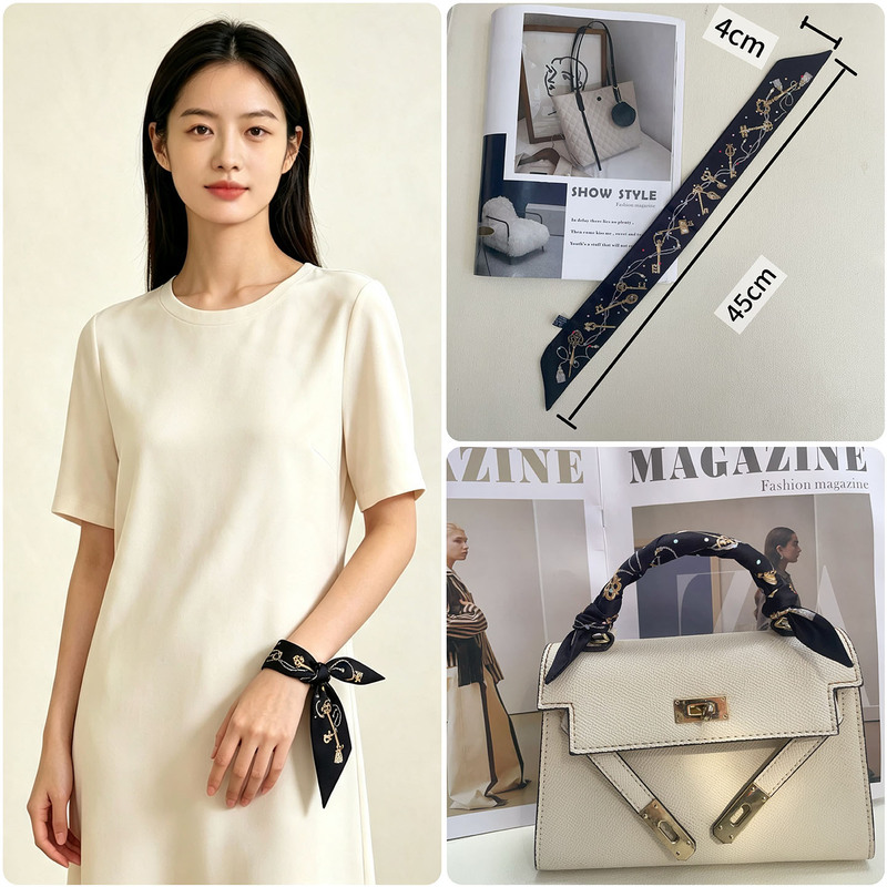 High-End Narrow Short Silk Scarf with a Vintage Feel, Wristband Decoration, Ribbon, Hairband, Bag Strap, Waistband, Key Pendant, Small Scarf High-End Narrow Short Silk Scarf with a Vintage Feel, Wristband Decoration, Ribbon, Hairband, Bag Strap, Waistband, Key Pendant, Small Scarf