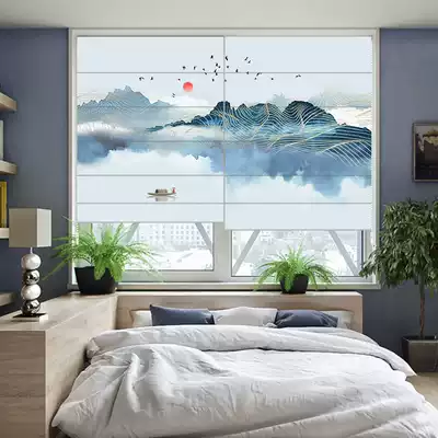 Misty time curtain Roman curtain light luxury landscape flowers and birds style living room study bedroom electric non-perforated roller curtain