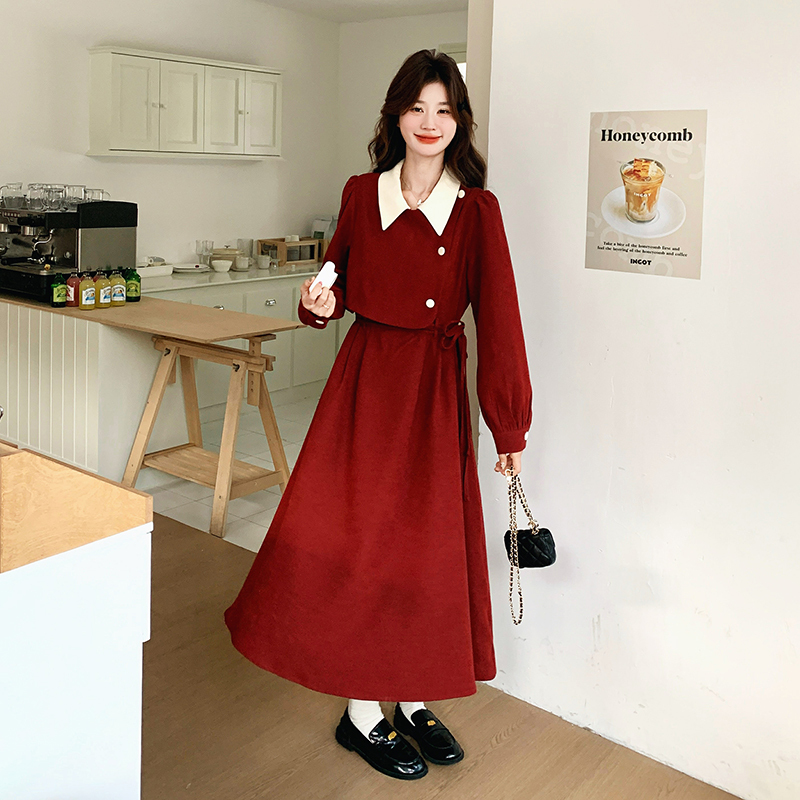 French-Style Red Dress with a Faux Two-Piece Design for Women, Suitable for Spring and Autumn, Featuring a High-End Fashion Sense and Elegant Temperament, Ideal for Engagement and Post-Wedding Ceremonies