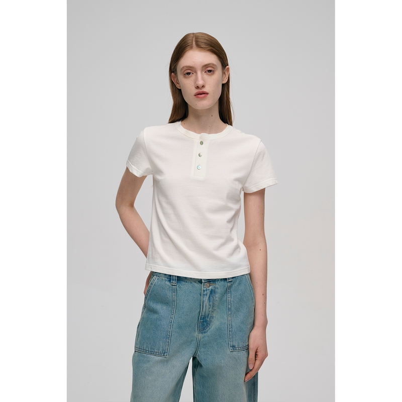 Eveiiiny Four-Color/Henley Collar Cotton Slim-Fit T-Shirt for Women, Summer Regular Shoulder High-Quality Short-Sleeve Comfortable